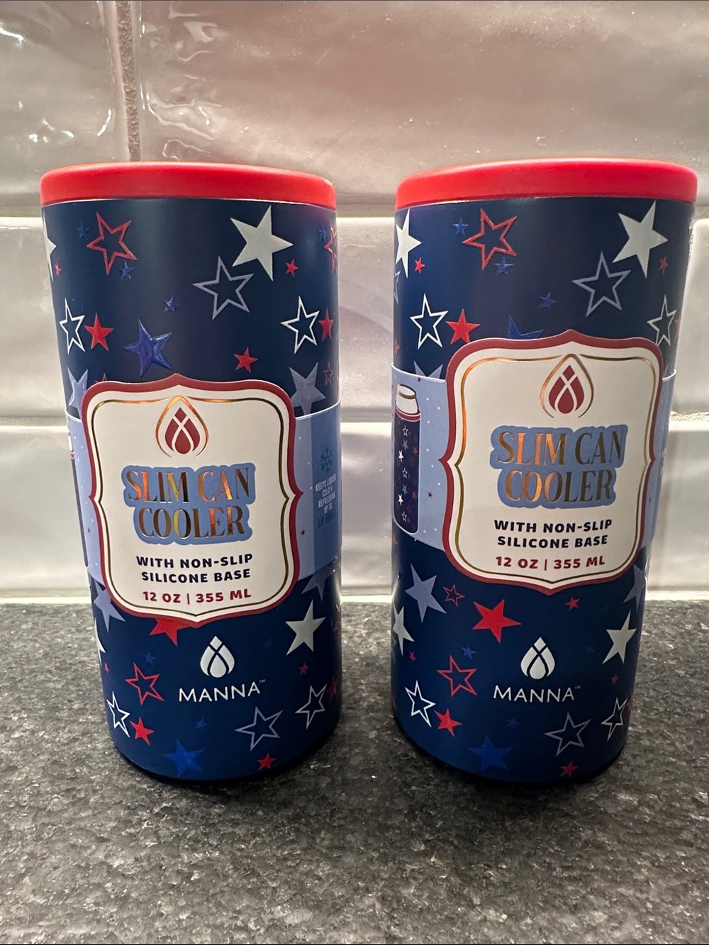 Manna Slim Can Cooler - Navy Blue with Red Stars